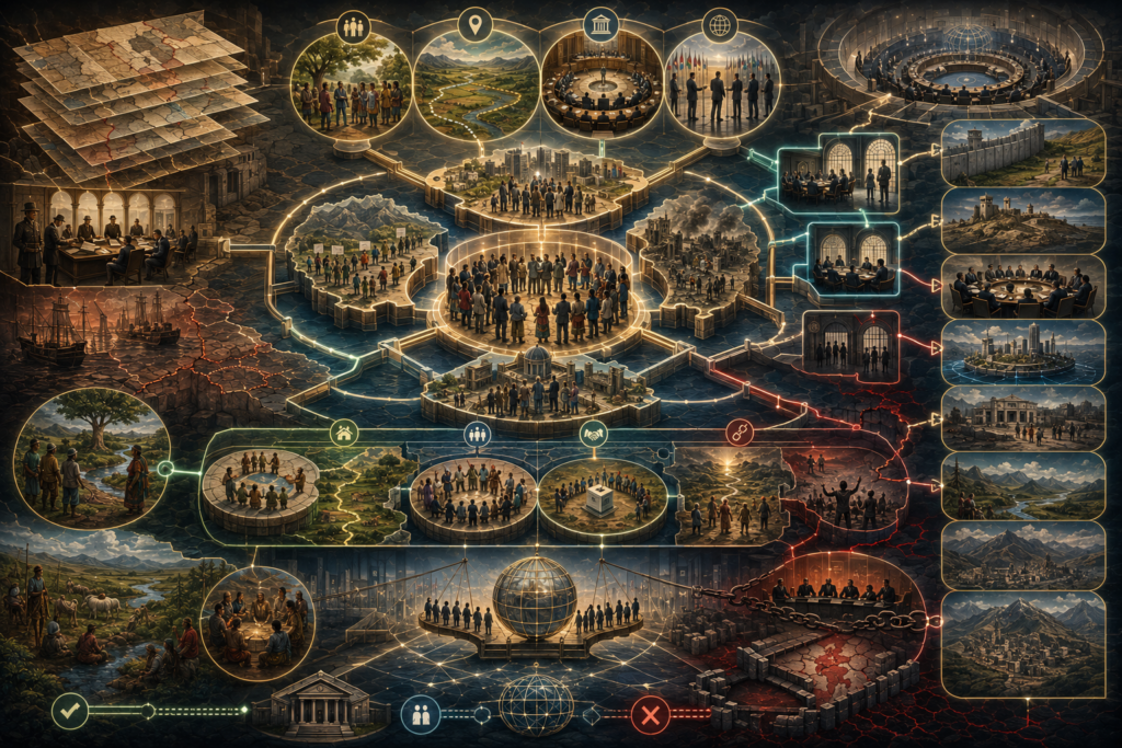 Abstract legal-studies illustration of secession, recognition, and contested statehood in international law, showing statehood criteria, recognition pathways, territorial integrity, self-determination, non-recognition, institutional exclusion, and selective legitimacy.