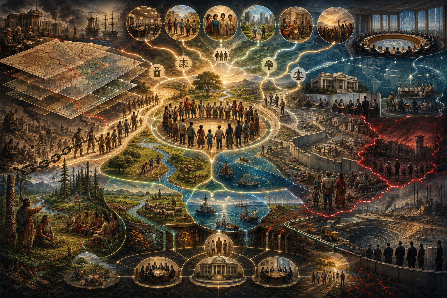 Abstract legal-studies illustration of treaty law and the Vienna Convention, showing treaty formation, consent, ratification, entry into force, interpretation, reservations, invalidity, amendment, termination, institutional governance, and unequal consent.