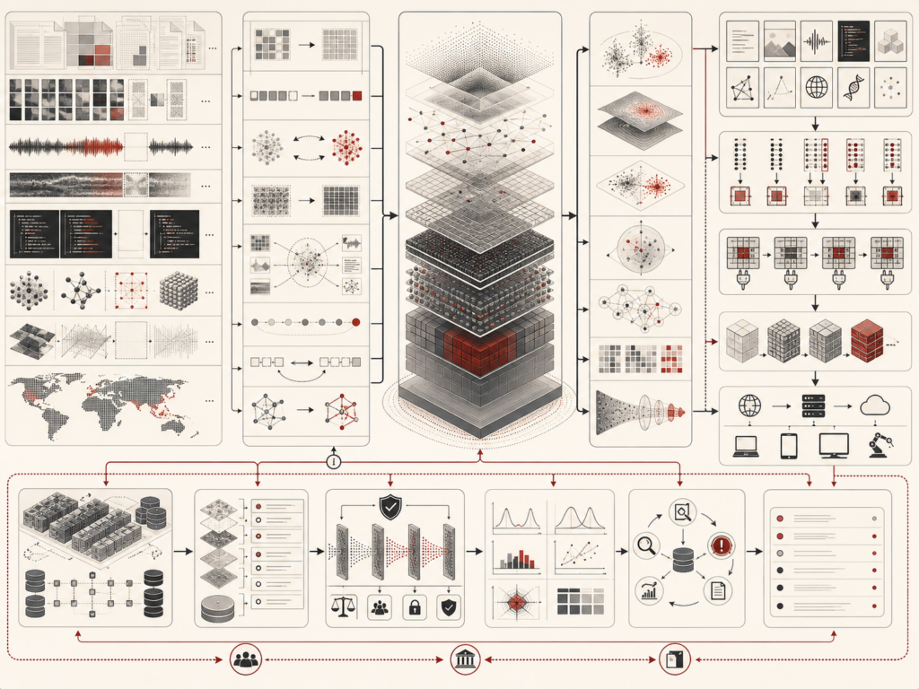 Abstract editorial illustration showing large-scale multimodal data transformed through self-supervised learning objectives into a central foundation-model core, reusable representations, downstream adaptation pathways, deployment systems, monitoring loops, and governance controls.