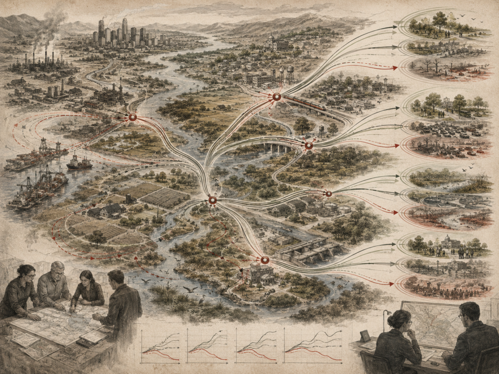 Scholarly systems-thinking illustration of a regional landscape with rivers, cities, ports, farms, infrastructure, planning teams, branching intervention pathways, alternative outcomes, and behavior-over-time curves.