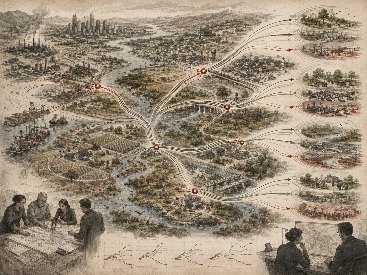 Scholarly systems-thinking illustration of a regional landscape with rivers, cities, ports, farms, infrastructure, planning teams, branching intervention pathways, alternative outcomes, and behavior-over-time curves.