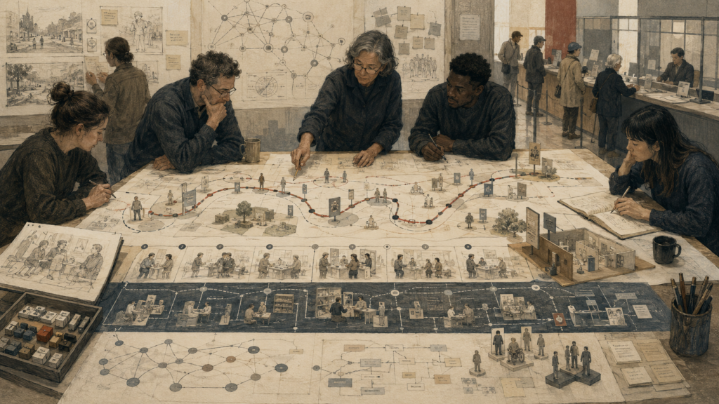 Editorial illustration of a service design team studying journey pathways, touchpoints, service counters, stakeholder interactions, backstage processes, and systems diagrams across a large research table.