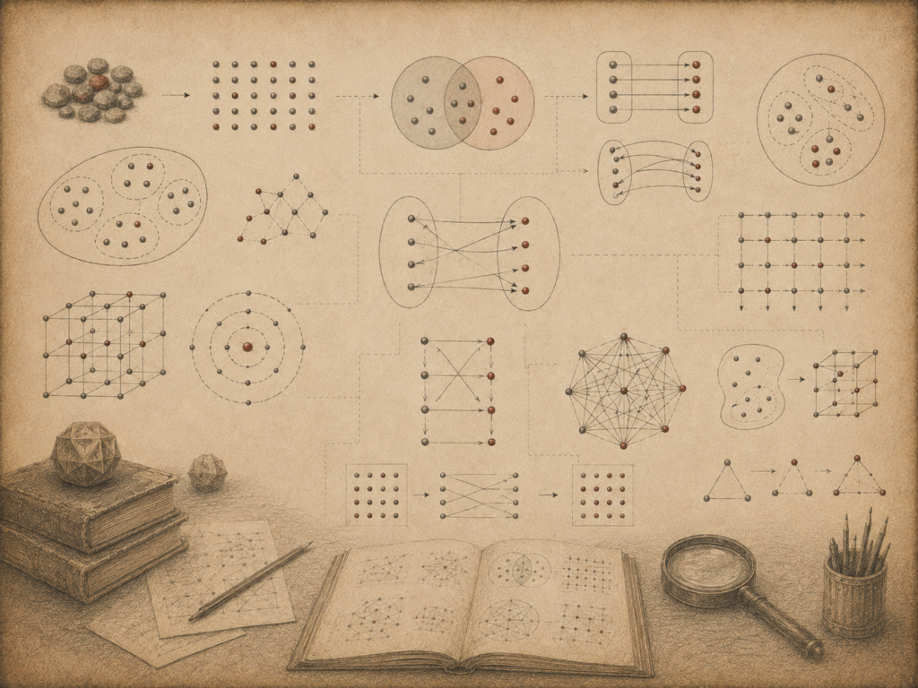 Scholarly editorial illustration of sets, mappings, arrows, grids, networks, relation diagrams, function-like structures, open notebooks, and research instruments on textured parchment.