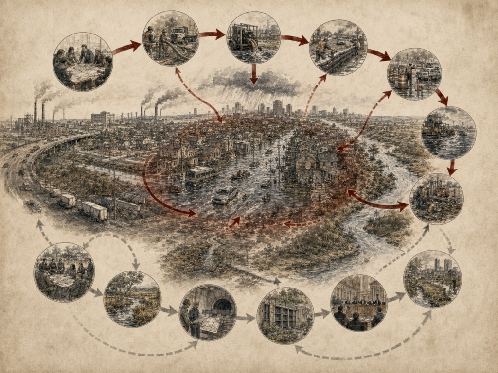 Scholarly systems-thinking illustration of an urban flooding system with emergency repairs, damaged neighborhoods, infrastructure responses, public planning scenes, ecological degradation, and circular feedback pathways.