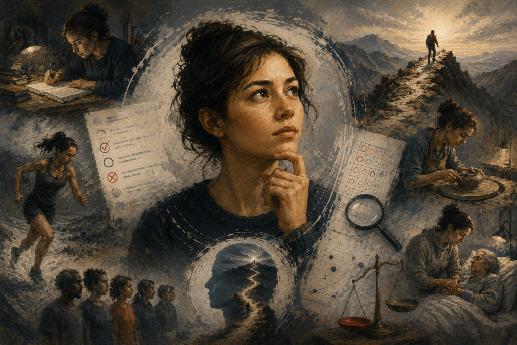 Painterly editorial illustration of grit measurement showing a contemplative figure surrounded by symbolic scenes of study, endurance, caregiving, craft, long-term striving, assessment forms, and weighing scales.