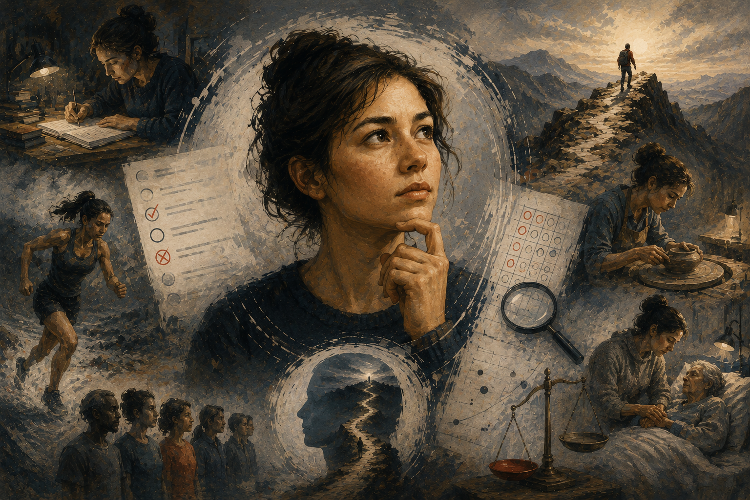 Painterly editorial illustration of grit measurement showing a contemplative figure surrounded by symbolic scenes of study, endurance, caregiving, craft, long-term striving, assessment forms, and weighing scales.