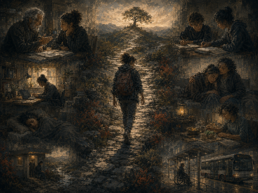 Painterly editorial illustration of sustained effort supported by mentoring, study, rest, caregiving, accessible transportation, stable home life, food, emotional support, and a long path toward growth.