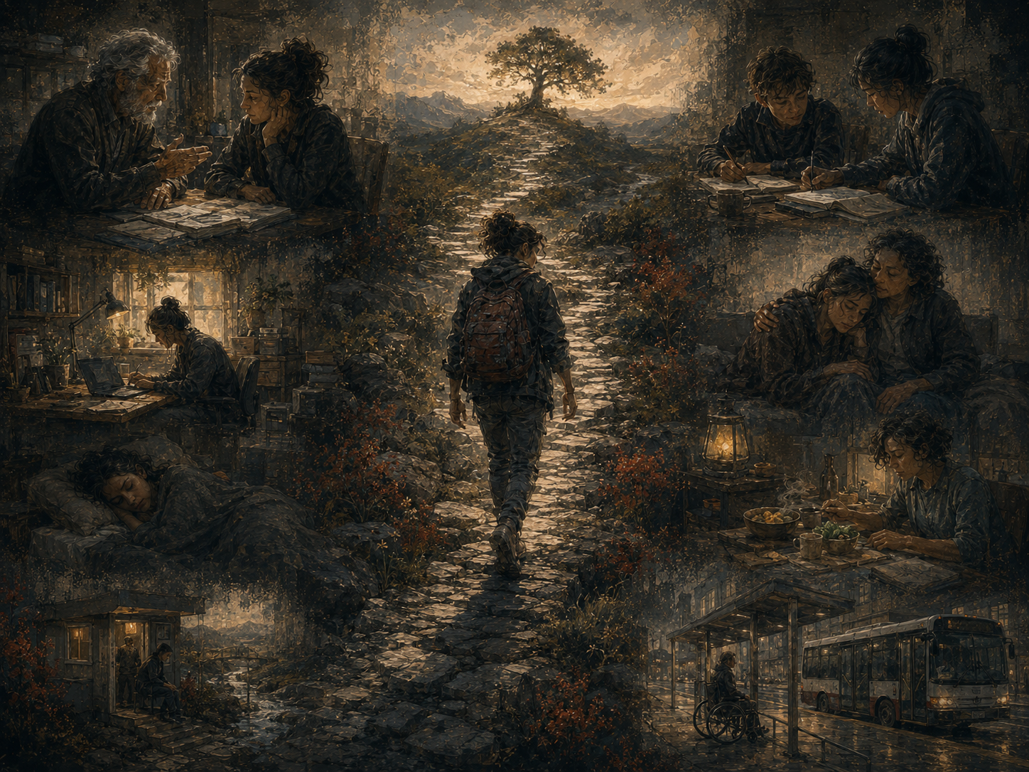 Painterly editorial illustration of sustained effort supported by mentoring, study, rest, caregiving, accessible transportation, stable home life, food, emotional support, and a long path toward growth.