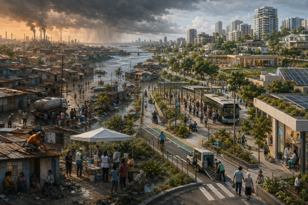Editorial sustainability illustration showing a divided urban landscape where flood-prone, under-resourced neighborhoods contrast with better-protected districts connected by transit, public services, and recovery infrastructure.