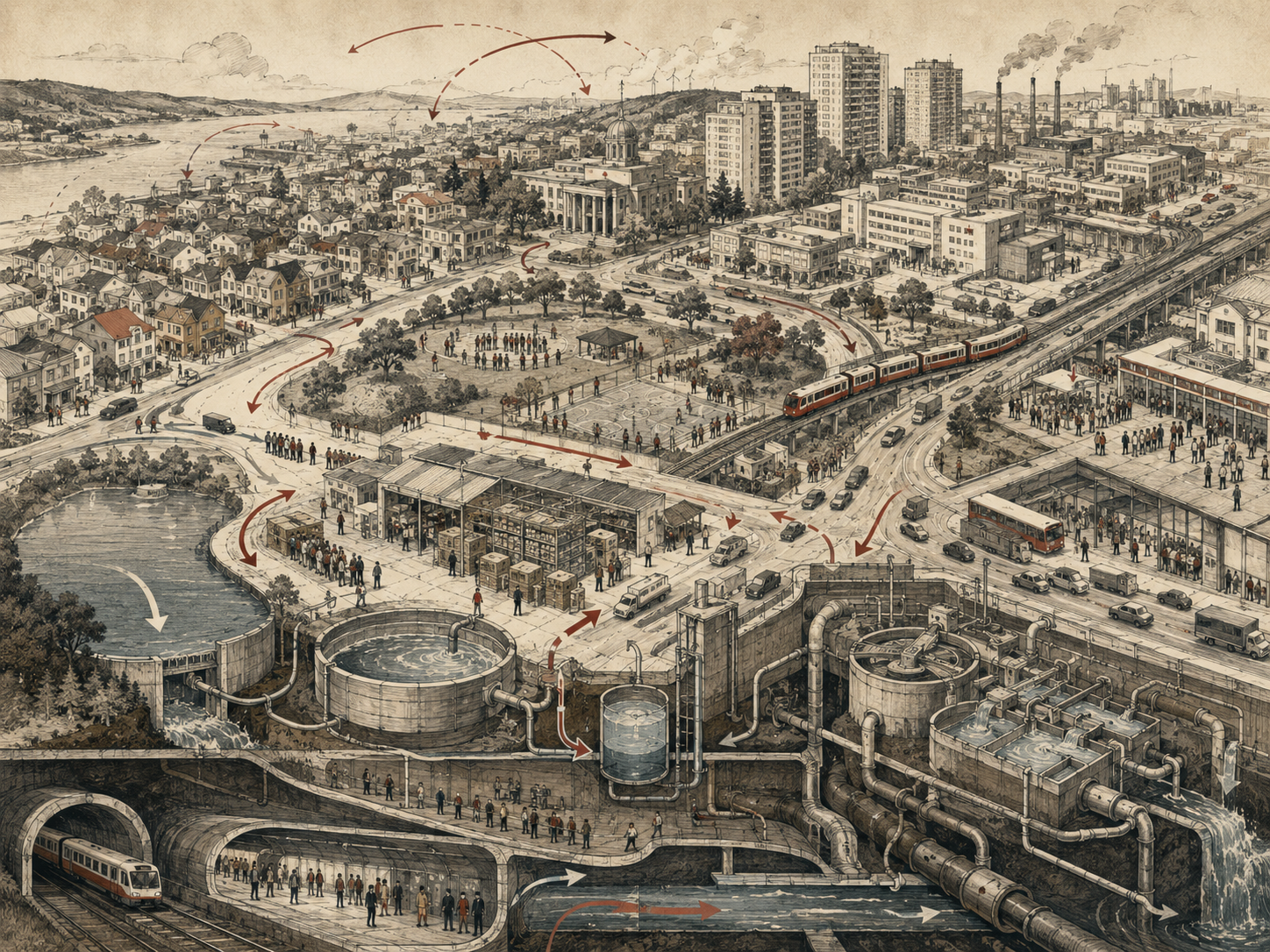 Scholarly systems-thinking illustration of an urban social system with neighborhoods, transit, public services, civic institutions, infrastructure reservoirs, underground pipes, and directional flow arrows.