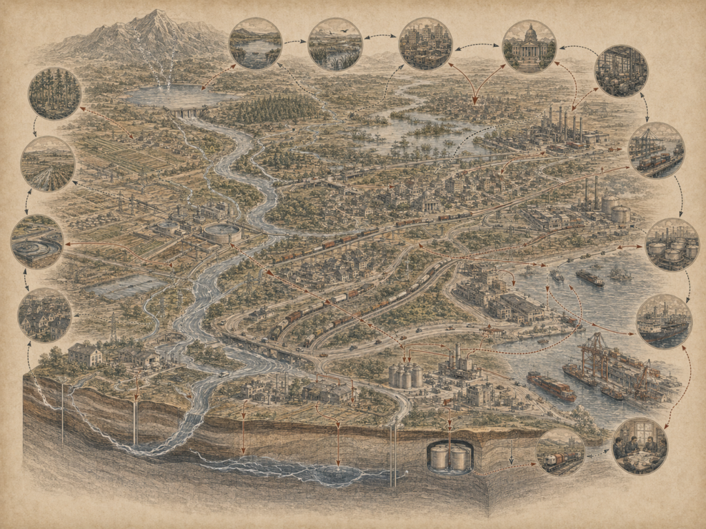 Scholarly systems-thinking illustration of a regional landscape with rivers, reservoirs, wetlands, cities, farms, ports, factories, infrastructure, underground water systems, and flow pathways.