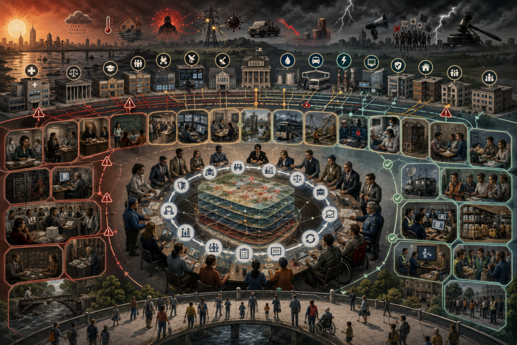 Editorial illustration of public institutions under compound stress, showing hospitals, courts, schools, utilities, digital systems, emergency managers, and community actors connected through a central stress-testing and service-continuity process.