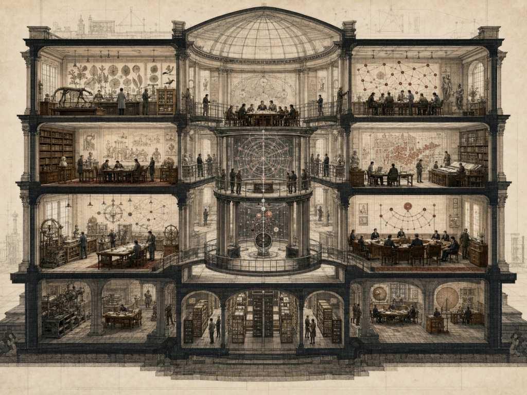 Editorial illustration of a grand research institution with multiple disciplinary rooms, archives, laboratories, concept maps, scholarly workspaces, and a central connecting knowledge structure.