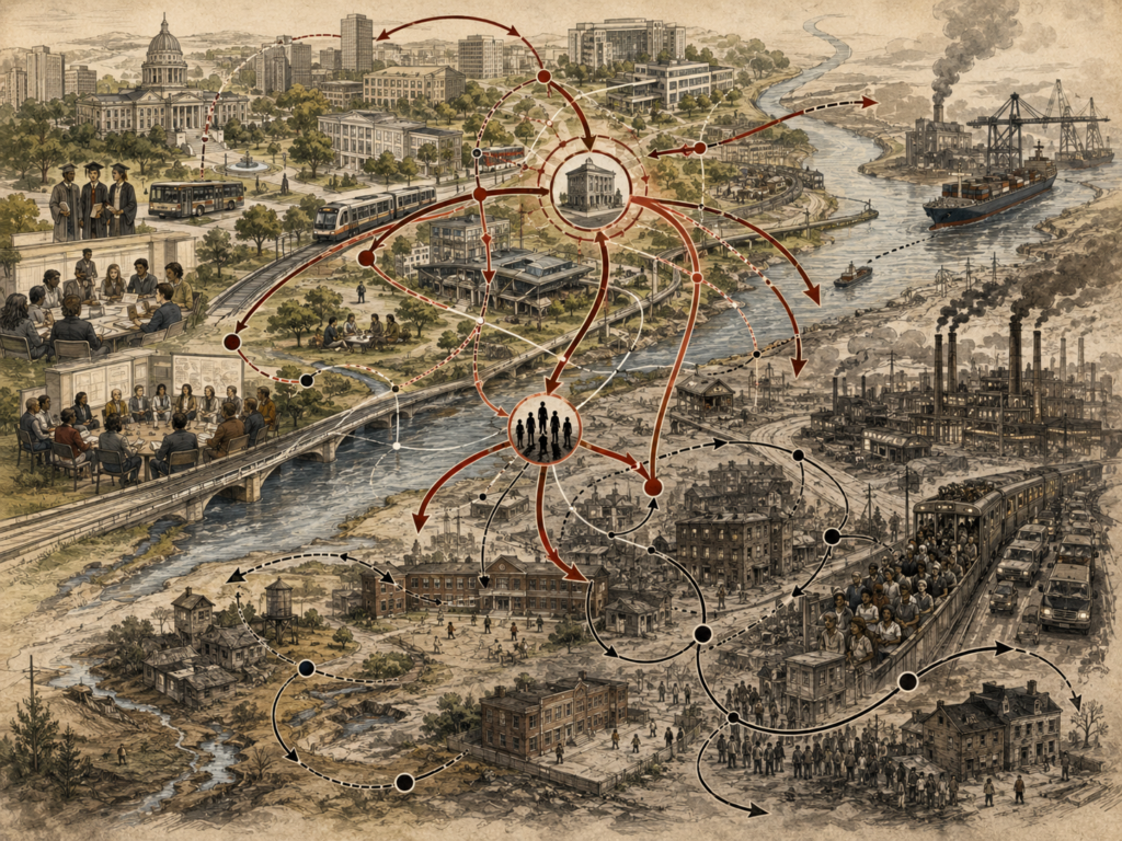 Scholarly systems-thinking illustration of an unequal urban region with public institutions, universities, transit, industry, neighborhoods, marginalized communities, and reinforcing feedback loops showing accumulated advantage and disadvantage.