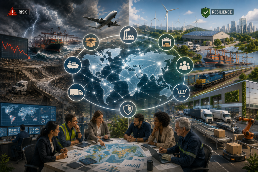 Editorial illustration showing global supply chain disruption and resilience across ports, ships, trucks, rail, warehouses, factories, workers, digital monitoring, and logistics networks.