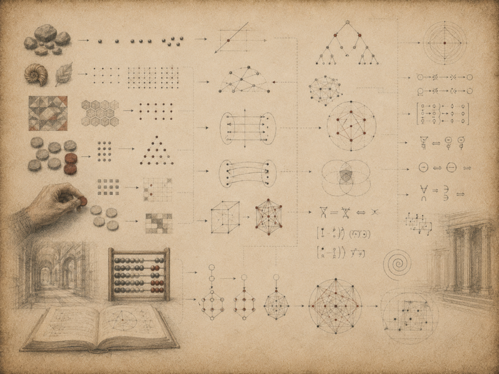 Scholarly editorial illustration showing objects, counting marks, grids, diagrams, symbolic notations, networks, and geometric forms moving from concrete representation toward abstract mathematical language.