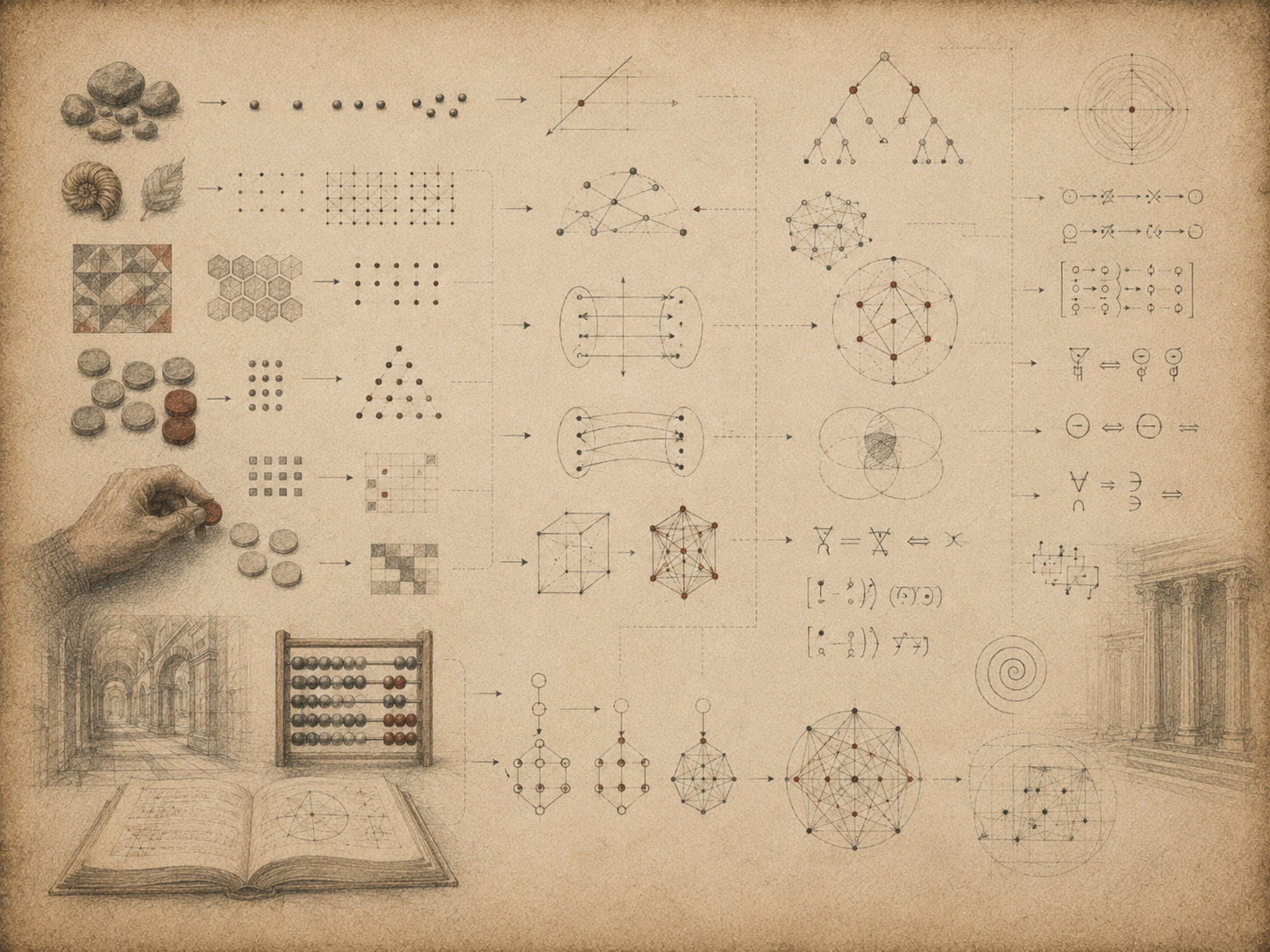 Scholarly editorial illustration showing objects, counting marks, grids, diagrams, symbolic notations, networks, and geometric forms moving from concrete representation toward abstract mathematical language.