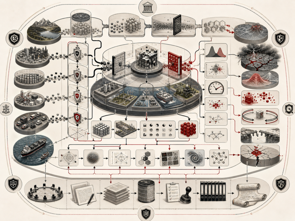 Abstract editorial illustration showing synthetic data and simulation as governed AI evaluation infrastructure, with real-data sources, synthetic generation chambers, simulation worlds, digital-twin structures, benchmark grids, privacy filters, fidelity checks, stress tests, sim-to-real validation, monitoring, documentation, and governance controls.