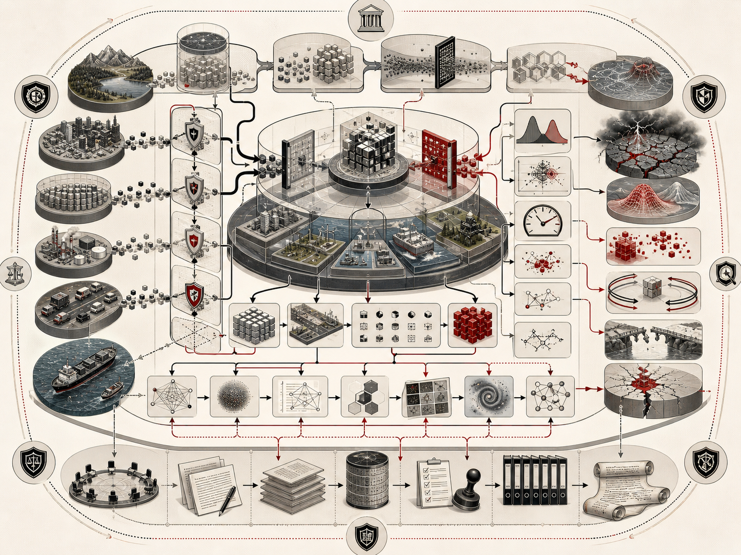 Abstract editorial illustration showing synthetic data and simulation as governed AI evaluation infrastructure, with real-data sources, synthetic generation chambers, simulation worlds, digital-twin structures, benchmark grids, privacy filters, fidelity checks, stress tests, sim-to-real validation, monitoring, documentation, and governance controls.