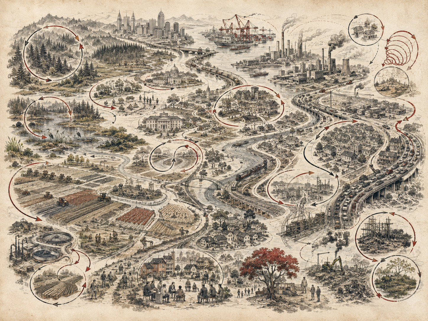 Scholarly systems-thinking illustration of a regional landscape with forests, wetlands, farms, neighborhoods, highways, ports, industry, institutions, community scenes, and recurring feedback loops.