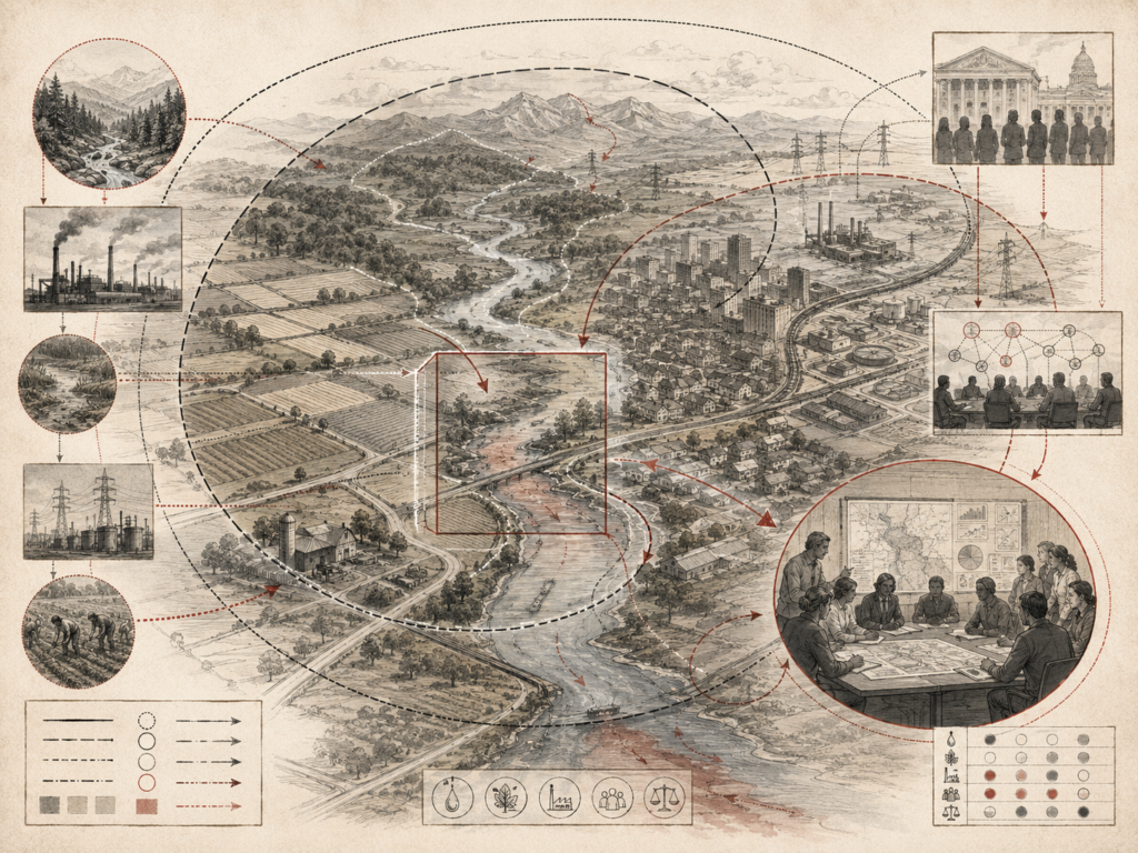 Scholarly editorial illustration of a regional landscape, city, river, farms, industry, infrastructure, public institutions, planning meetings, boundary lines, arrows, and system maps.