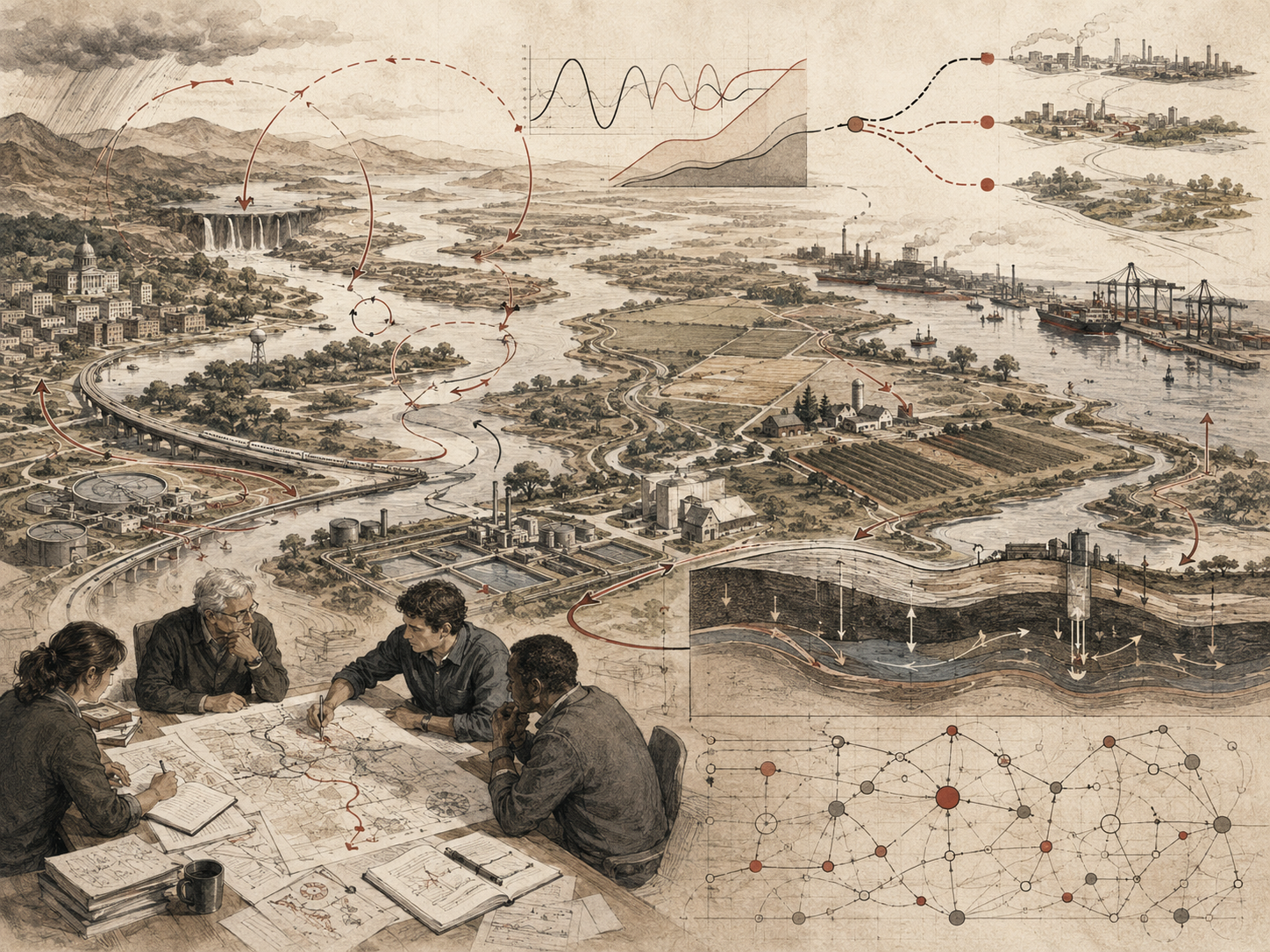 Scholarly systems-thinking illustration of a regional landscape with rivers, farms, cities, ports, infrastructure, industrial systems, planning teams, feedback loops, behavior curves, and simulation diagrams.