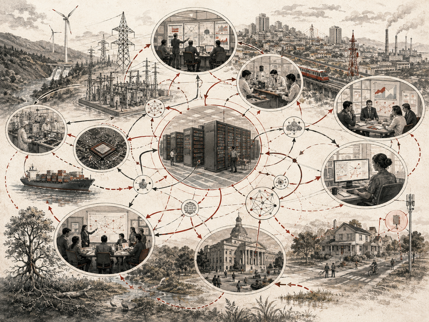Scholarly systems-thinking illustration of AI and technology infrastructure connected to energy grids, data centers, manufacturing, civic institutions, homes, supply chains, environmental systems, and human decision-making.
