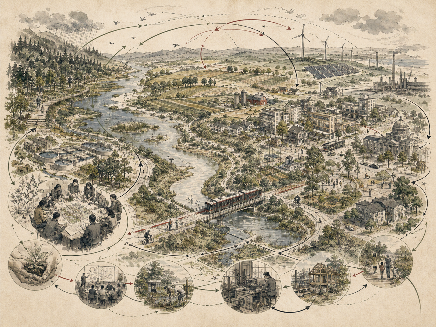 Scholarly systems-thinking illustration of a sustainable regional landscape with rivers, wetlands, farms, transit, neighborhoods, renewable energy, civic planning, restoration work, and feedback pathways.