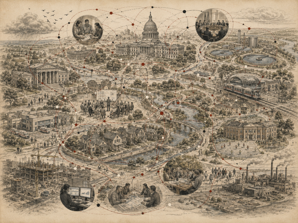 Scholarly systems-thinking illustration of public institutions, civic buildings, transit, neighborhoods, infrastructure, water systems, planning meetings, and governance networks connected by feedback pathways.