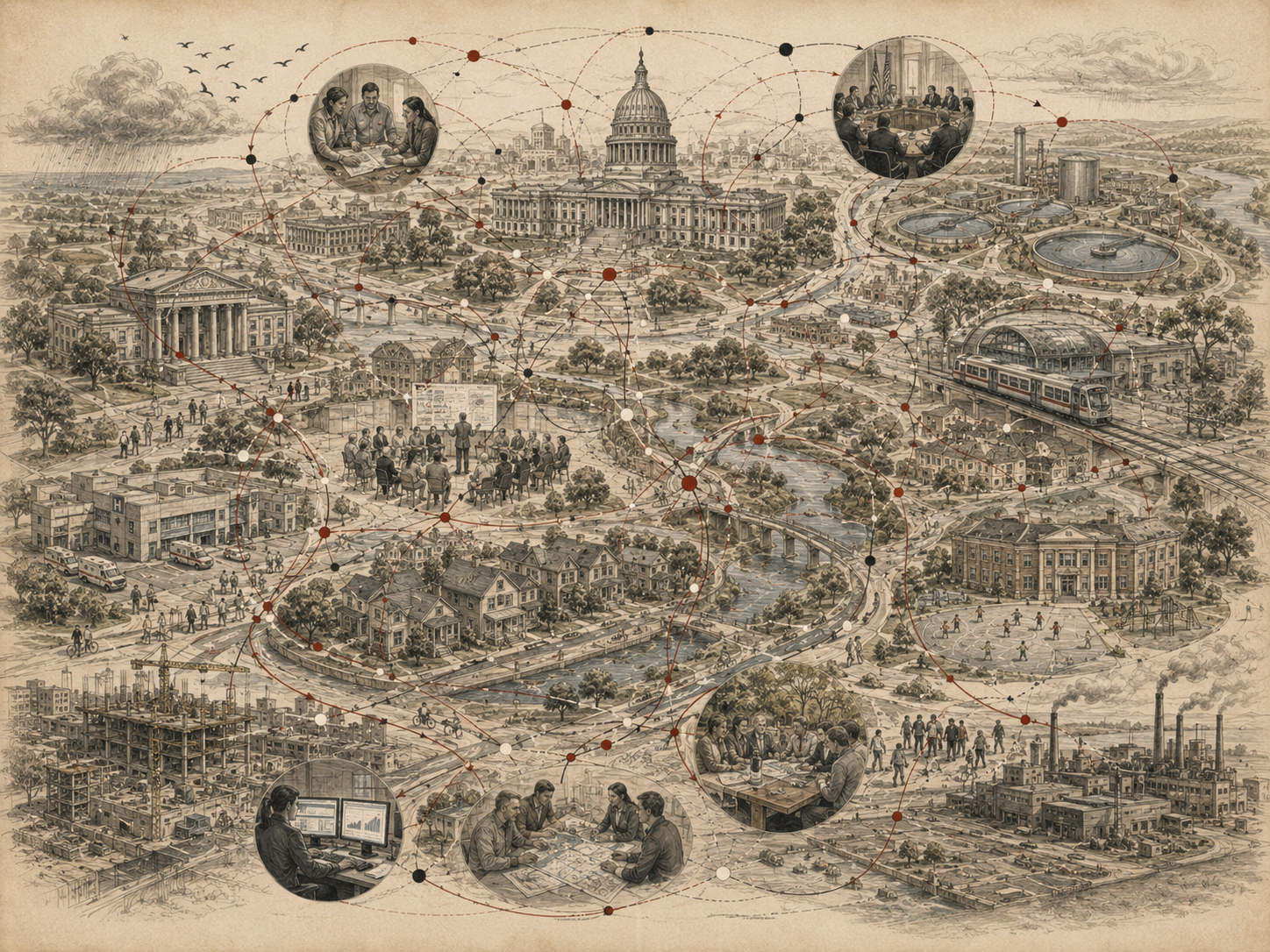 Scholarly systems-thinking illustration of public institutions, civic buildings, transit, neighborhoods, infrastructure, water systems, planning meetings, and governance networks connected by feedback pathways.