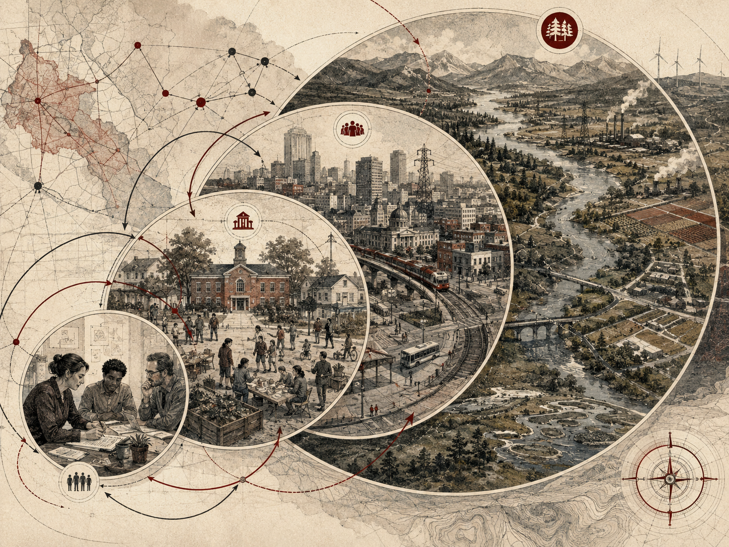 Scholarly editorial illustration of nested systems showing people, communities, institutions, cities, regions, ecosystems, infrastructure, maps, and feedback arrows across multiple scales.
