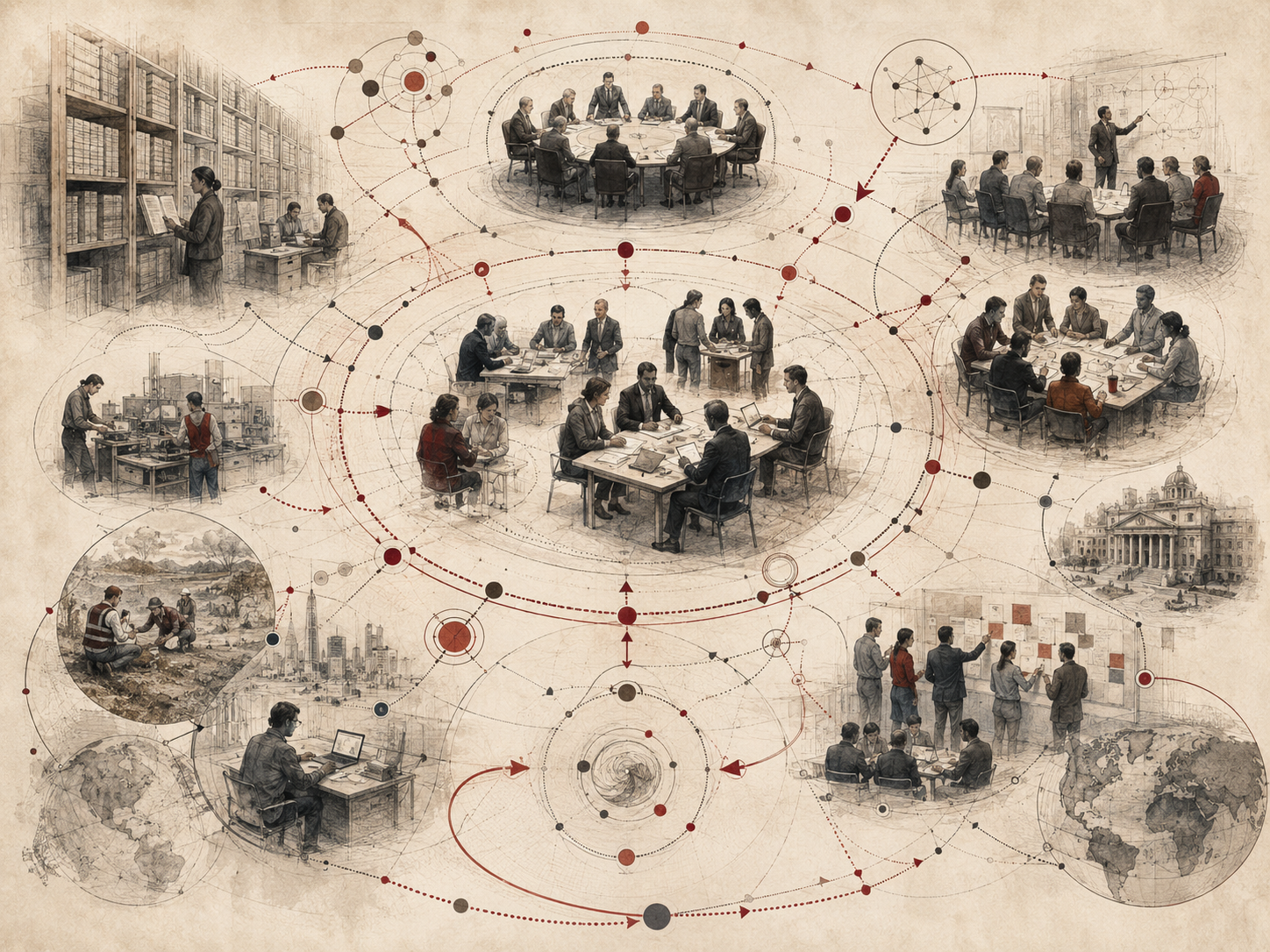 Scholarly editorial illustration of organizational learning scenes, meetings, knowledge libraries, workshops, research teams, global systems maps, and feedback networks connected by circular pathways.
