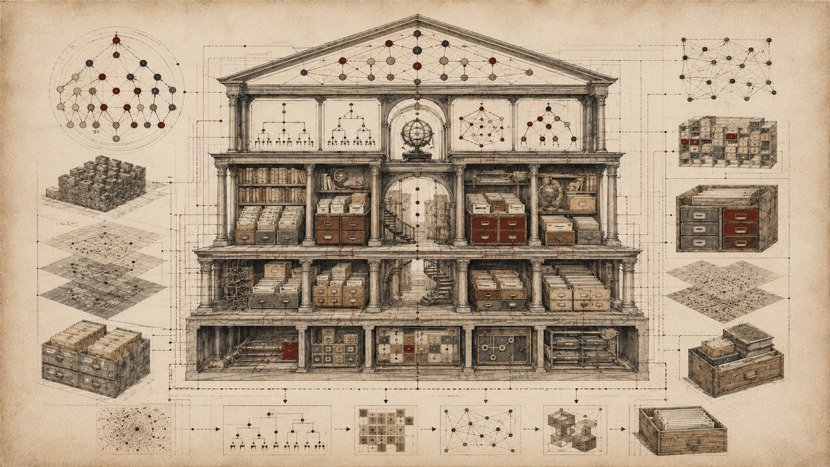 Editorial illustration of a classical archive-like knowledge system with hierarchical diagrams, category drawers, branching nodes, nested grids, and linked classification pathways.