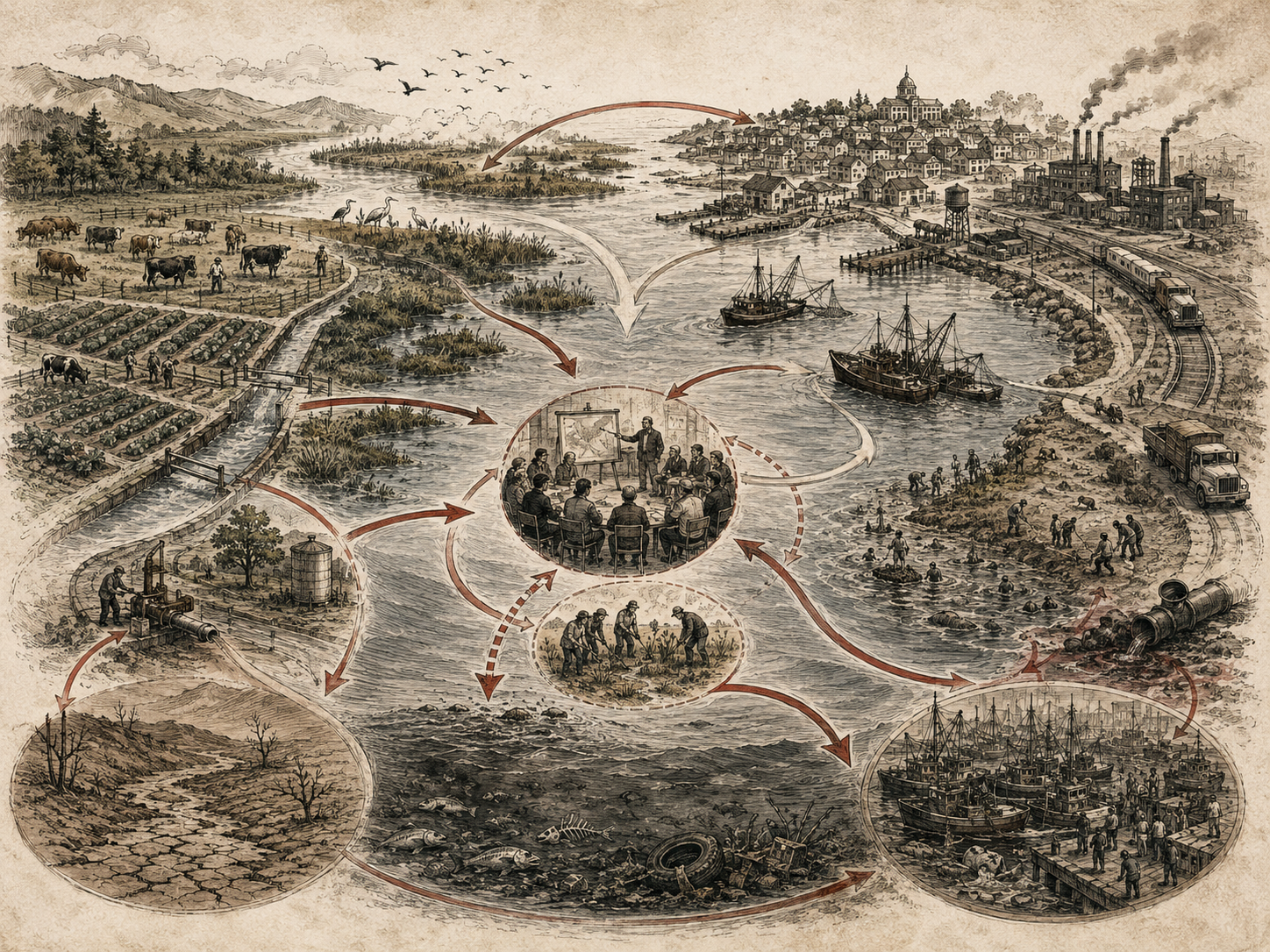 Scholarly systems-thinking illustration of shared waterways, grazing land, farms, fisheries, industry, public planning, degraded ecosystems, and collective governance connected by feedback pathways.