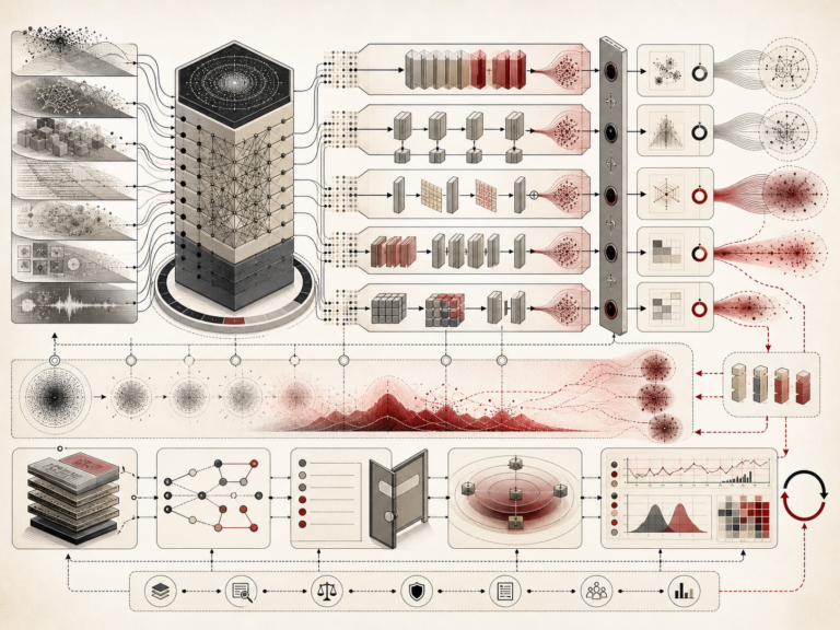 Abstract editorial illustration showing a pretrained AI model transferring knowledge into multiple fine-tuning and adaptation pathways, with evaluation gates, drift signals, versioning, monitoring, rollback routes, and governance controls.
