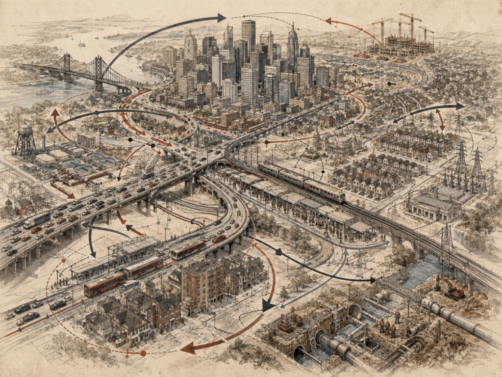 Scholarly systems-thinking illustration of a dense urban region with highways, transit, housing, construction, utilities, water infrastructure, bridges, neighborhoods, and directional flow pathways.