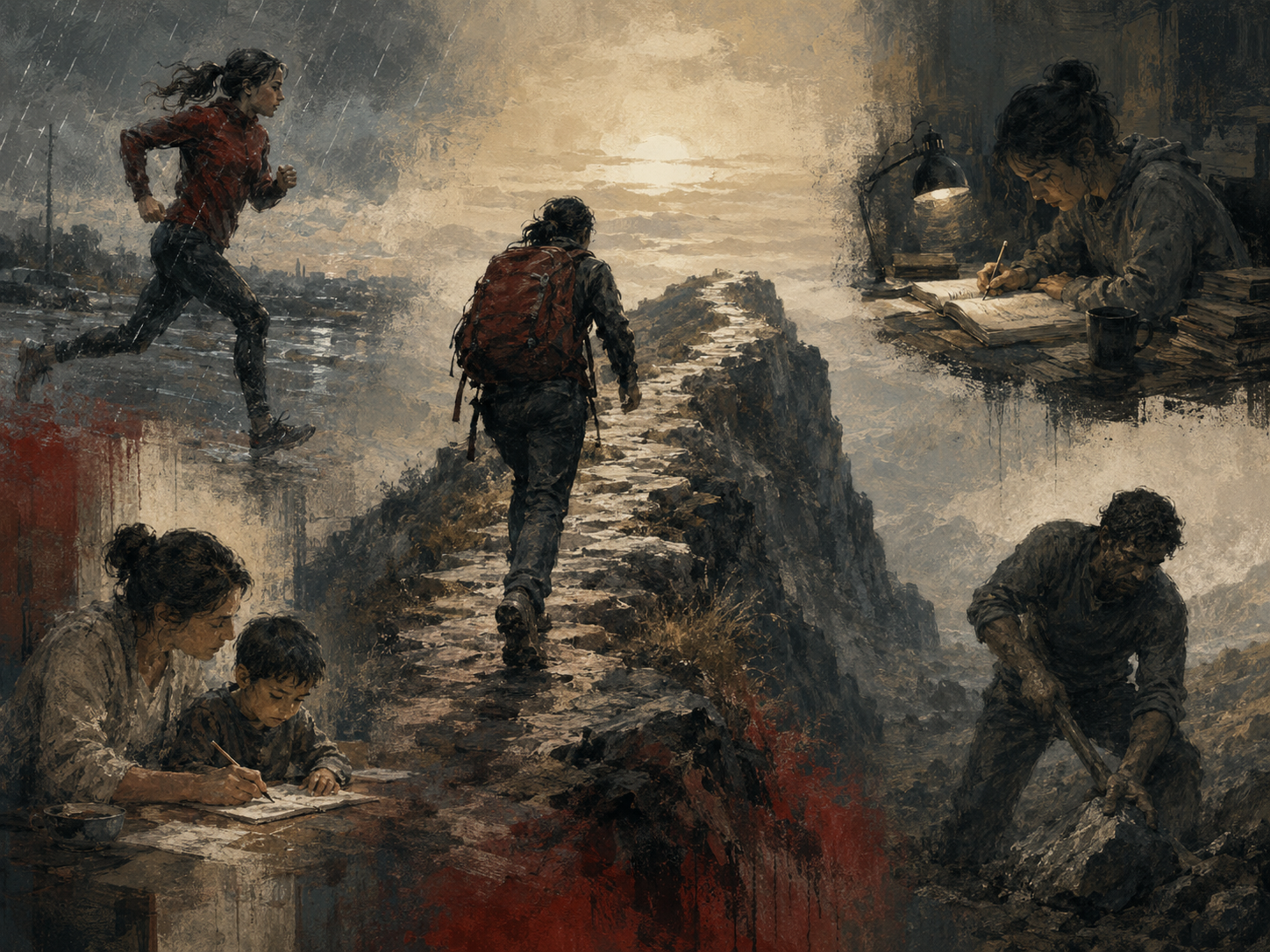 Painterly editorial illustration of perseverance, showing a person climbing a rugged mountain path alongside symbolic scenes of study, caregiving, endurance, and hard physical effort.