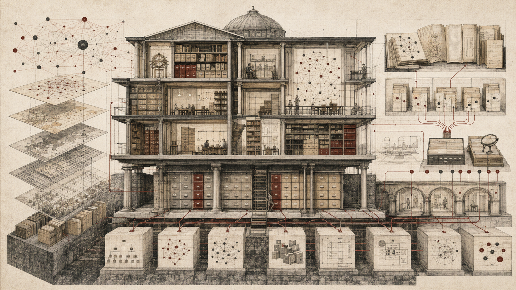Editorial illustration of a cutaway archive-like knowledge system with shelves, catalog drawers, linked diagrams, layered maps, and structural foundations.