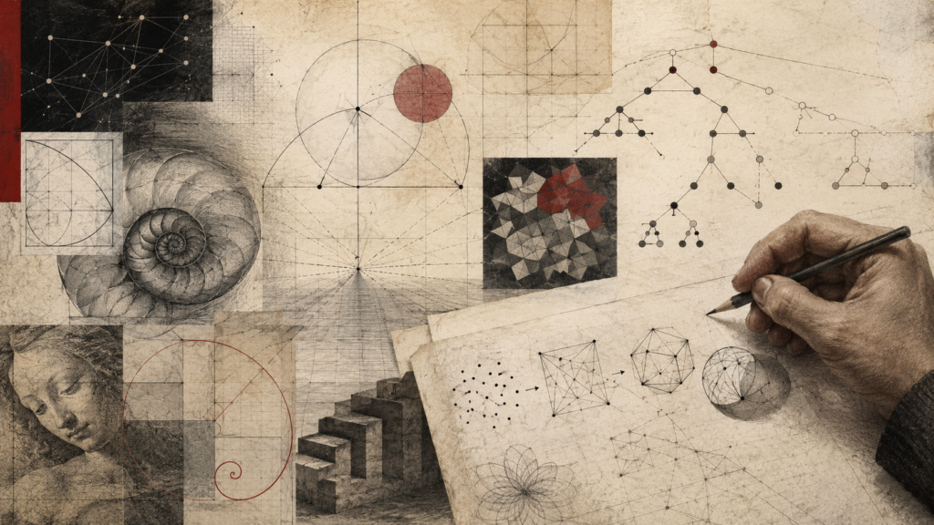 Restrained editorial illustration of geometric constructions, abstract networks, spiral forms, grids, and hand-drawn reasoning diagrams on aged paper, representing mathematical thinking as pattern recognition, abstraction, proof, and structured inquiry.