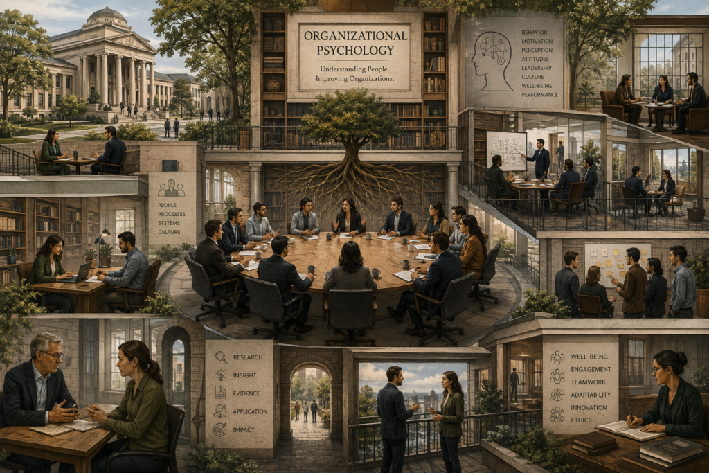 Detailed institutional illustration of organizational psychology, showing people collaborating, researching, mentoring, and meeting across a university-like organizational environment.