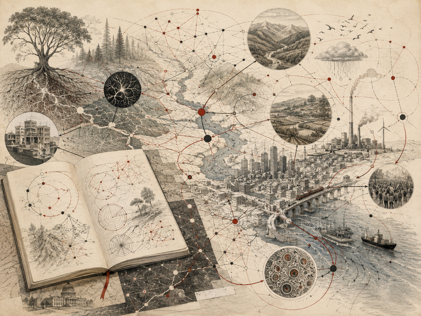 Scholarly editorial illustration of interconnected ecological, civic, industrial, social, and geographic systems, with networks, feedback loops, maps, landscapes, cities, rivers, and open notebooks on textured parchment.