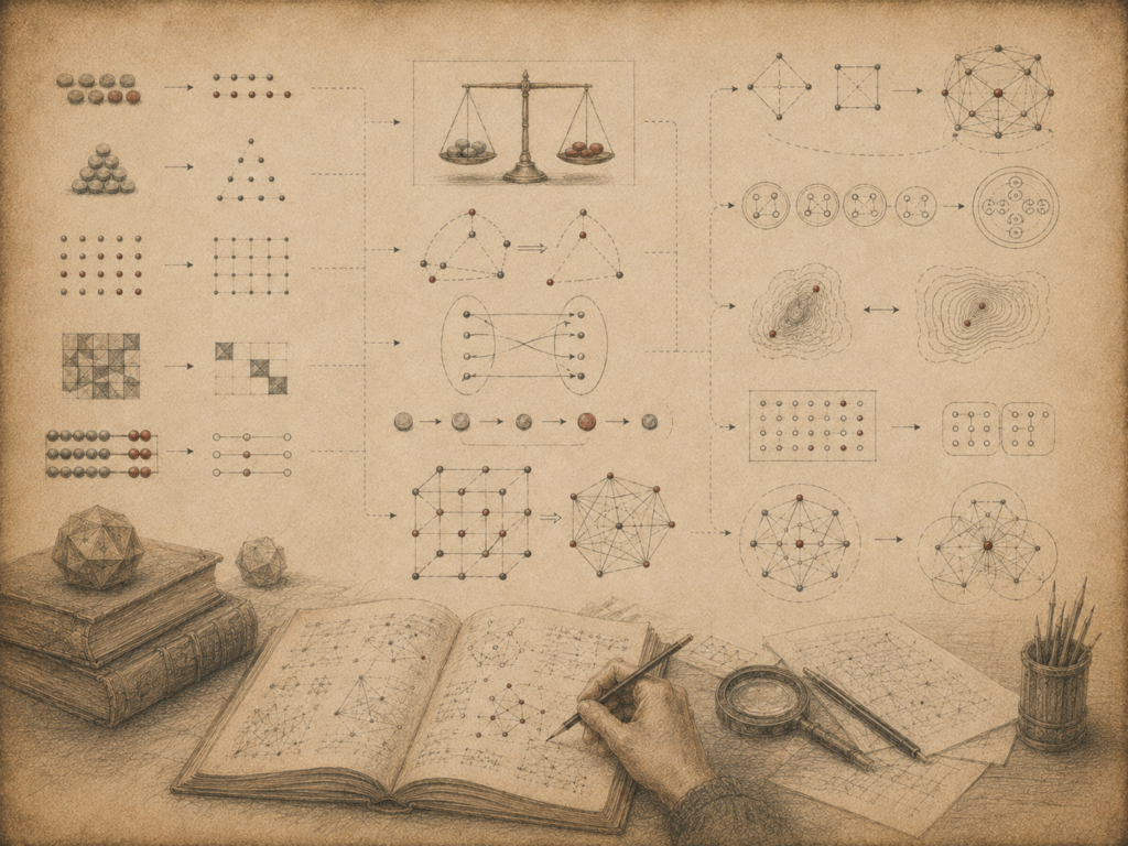 Scholarly editorial illustration of quantities, grids, balance scales, mappings, networks, variable-like structures, and transformation diagrams on aged parchment, representing algebraic thinking as relational and structural reasoning.