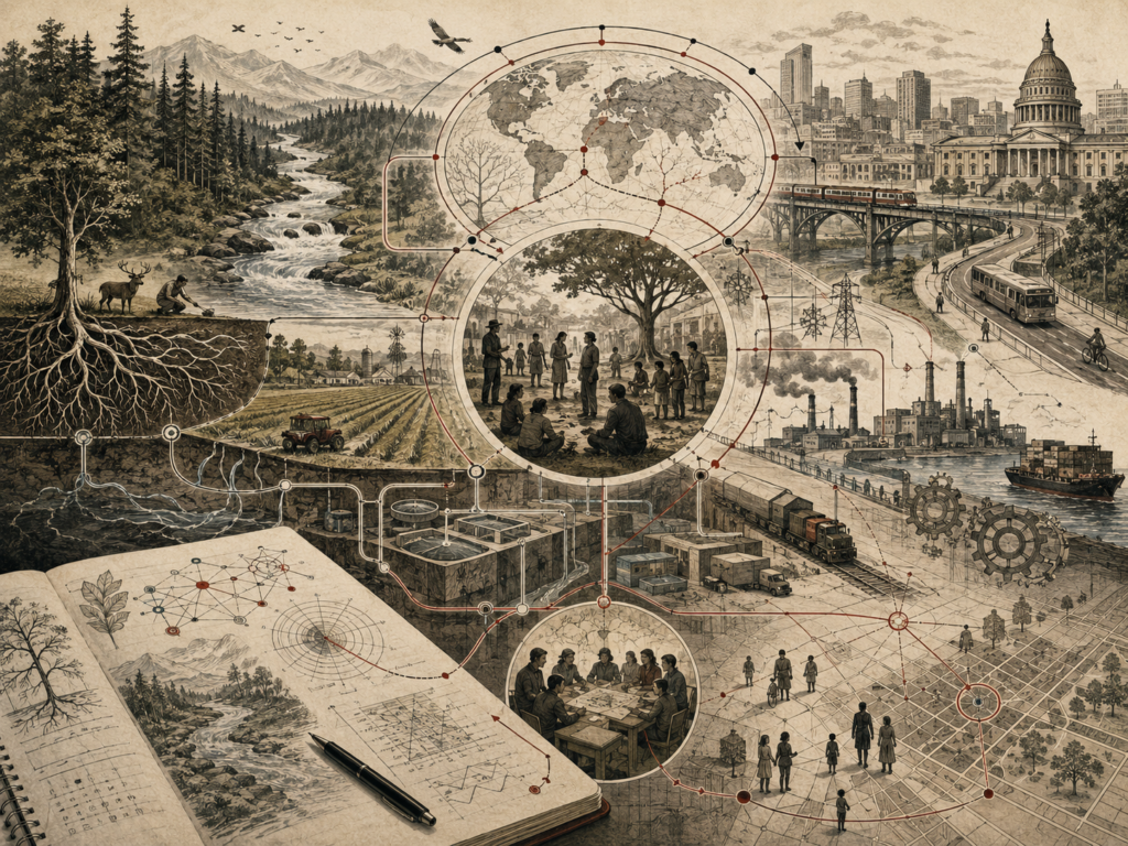 Scholarly editorial illustration of interconnected ecological, civic, industrial, agricultural, transportation, and social systems, with landscapes, cities, infrastructure, communities, maps, and feedback networks.