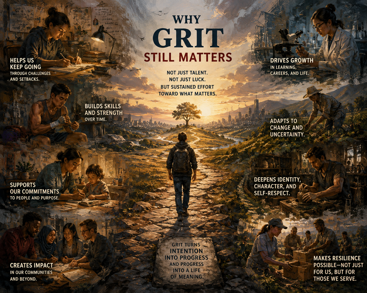 Painterly editorial illustration of a person walking a rugged path toward a glowing horizon, surrounded by scenes of study, science, caregiving, craft, farming, collaboration, and sustained effort.