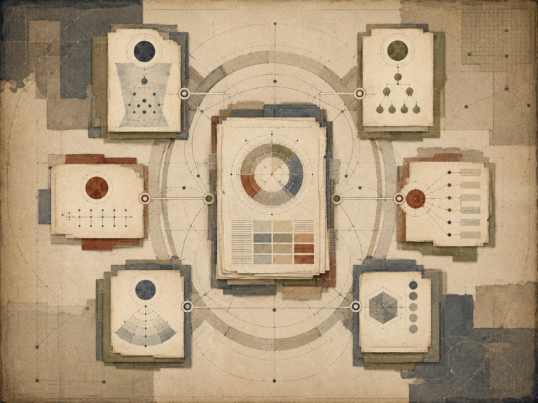 Restrained editorial illustration of explanatory completeness, six inquiry pathways, question architecture, evidence layers, context markers, method structures, and organized knowledge supports without text or labels.