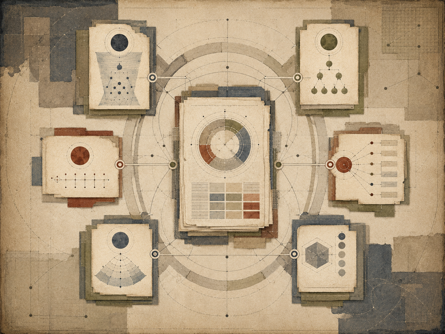 Restrained editorial illustration of explanatory completeness, six inquiry pathways, question architecture, evidence layers, context markers, method structures, and organized knowledge supports without text or labels.