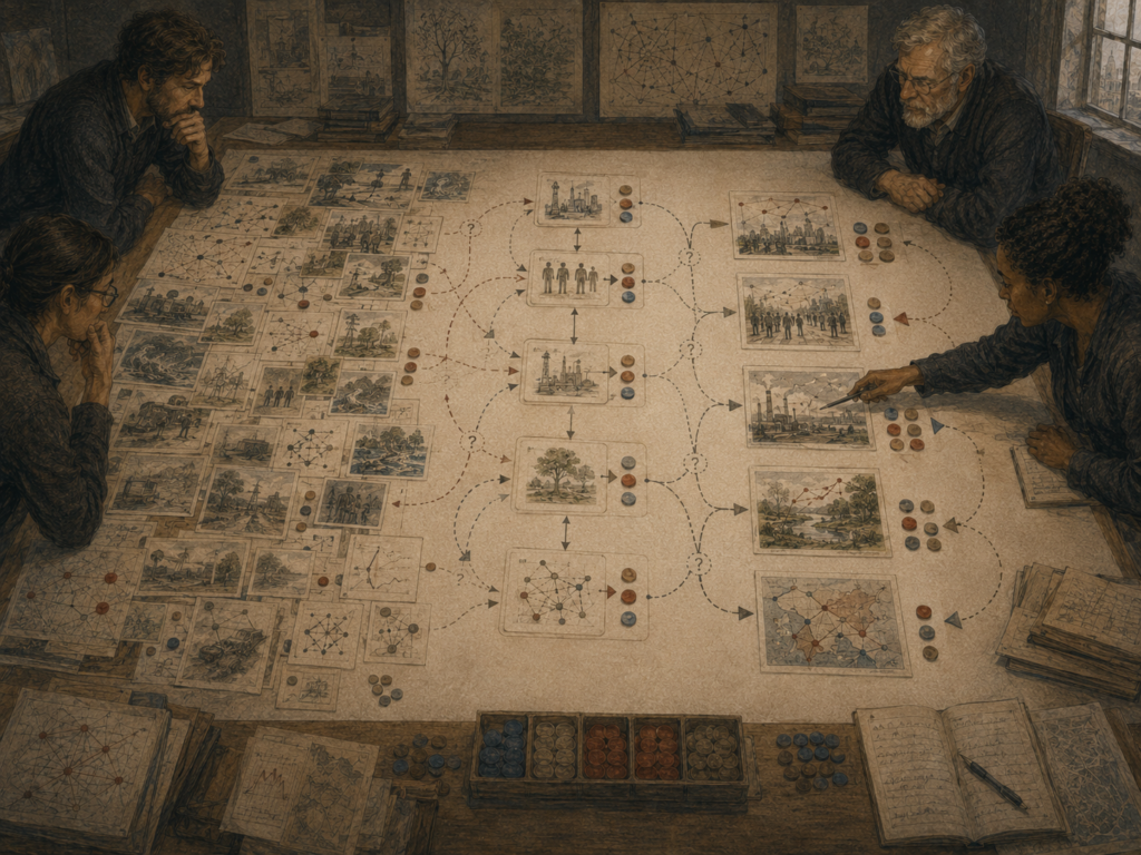 Researchers study evidence fragments, inference pathways, hypothesis clusters, and scenario cards on a large planning table, representing abductive reasoning in strategy.