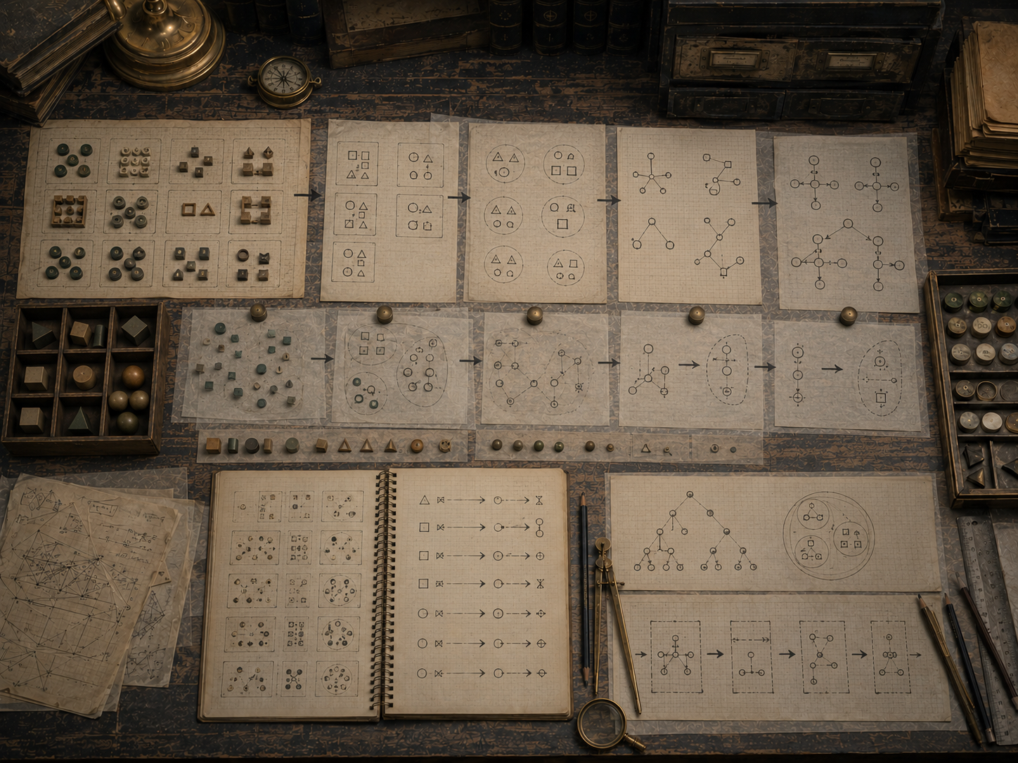 A restrained scholarly illustration of a vintage research desk showing concrete examples, tokens, geometric pieces, grouped cases, symbolic mappings, and abstract node diagrams arranged as a progression from specific instances to generalized representations.