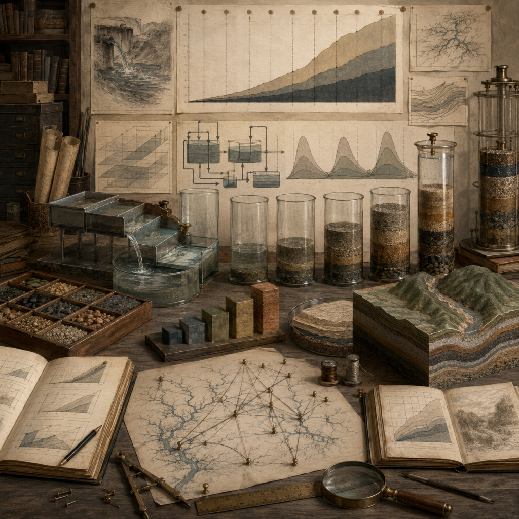 Archival systems modeling workspace with water flows, sediment columns, layered accumulation diagrams, stock-and-flow sketches, maps, notebooks, and drafting tools representing accumulation, exposure, and flow-to-stock reasoning.