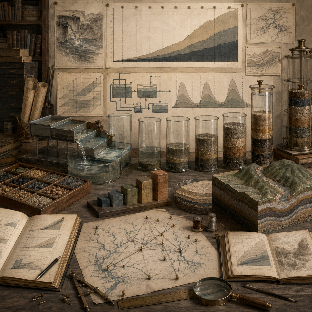 Archival systems modeling workspace with water flows, sediment columns, layered accumulation diagrams, stock-and-flow sketches, maps, notebooks, and drafting tools representing accumulation, exposure, and flow-to-stock reasoning.